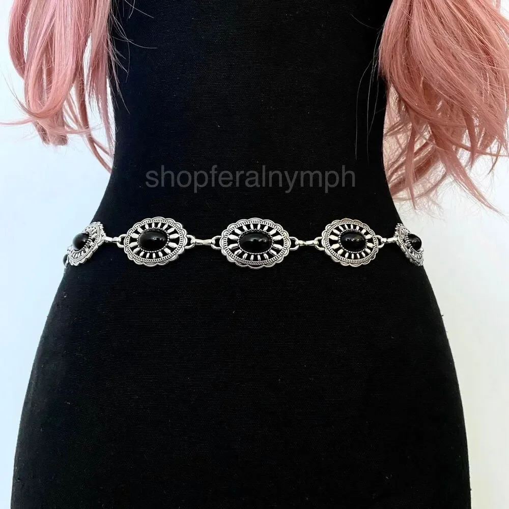 Silver Y2K Black Stone Concho Waist Chain Belt, Fits 24.5-38.5 Inches, X7GA1294